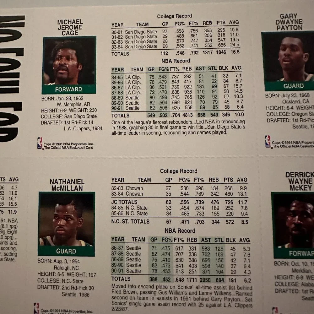 Set of 11 New 1991-1992 Seattle SuperSonics Trading Cards